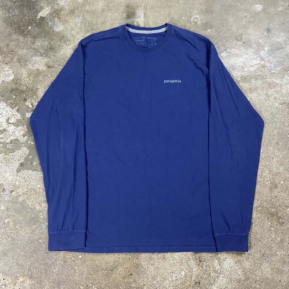Patagonia Long Sleeve Shirt Size XL Blue Crew Neck Line Logo Mountain Graphic